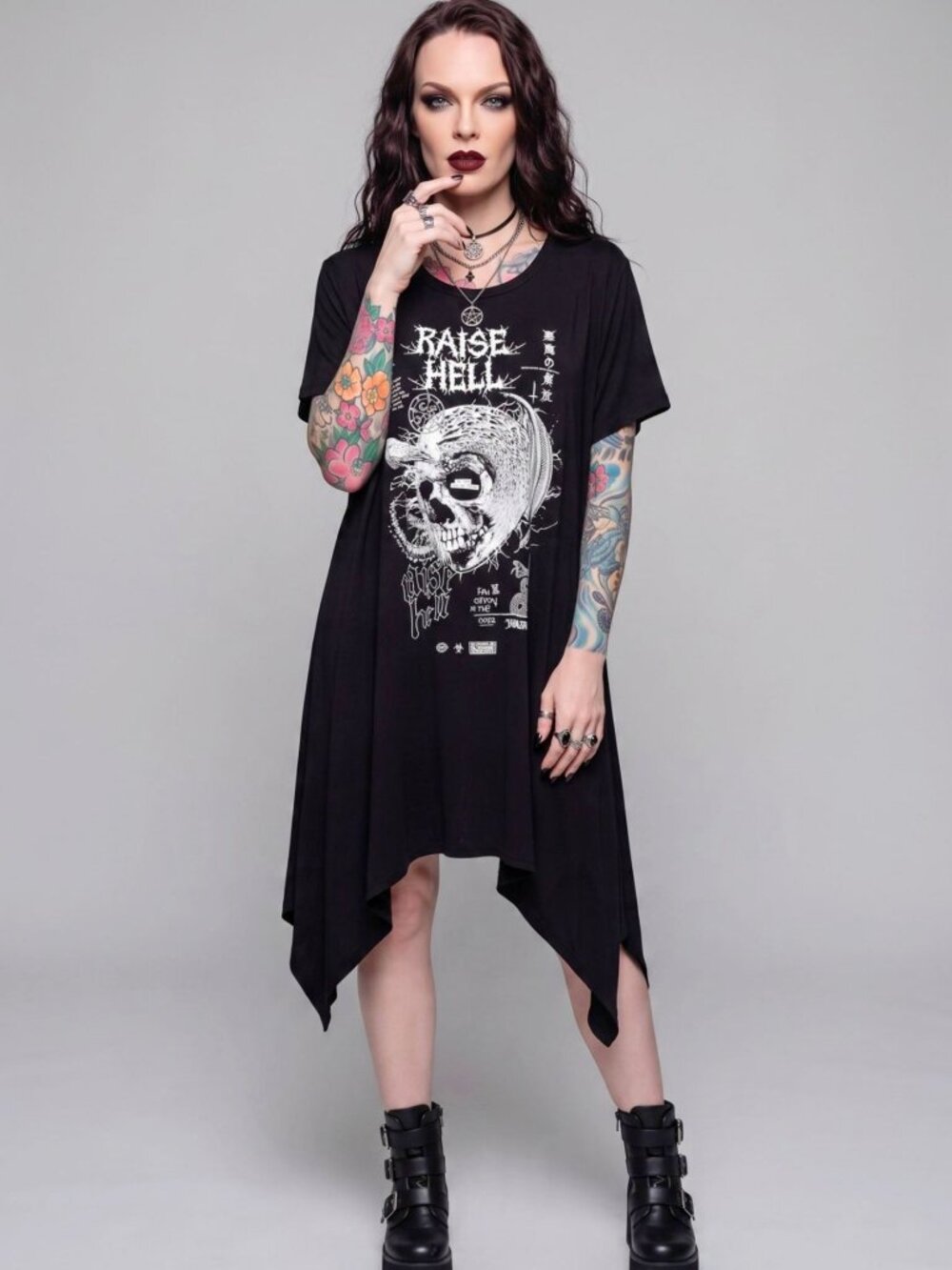 Killstar Rise Up Raise Hell Occult Skull Batwing Hanky Hem Tunic Dress Black L